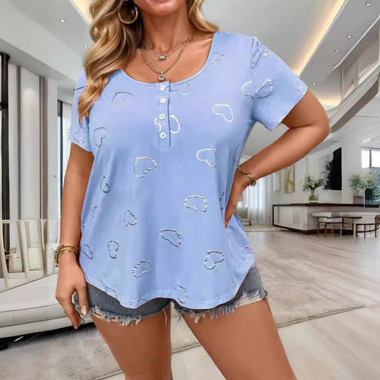 Damen lässiges T-Shirt mit romantischem Herzdesign und Knopfleiste EB