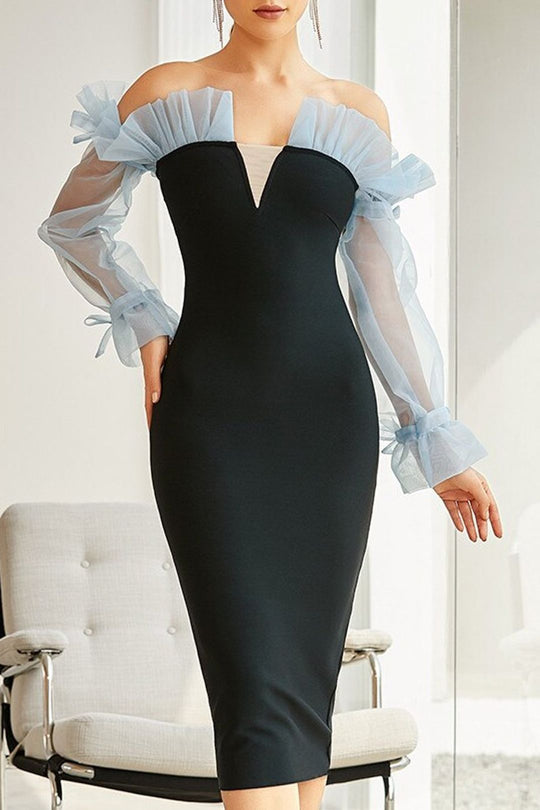 Damen Figurbetontes Cocktailkleid mit transparenten Puffärmeln und elegantem V-Ausschnitt EB
