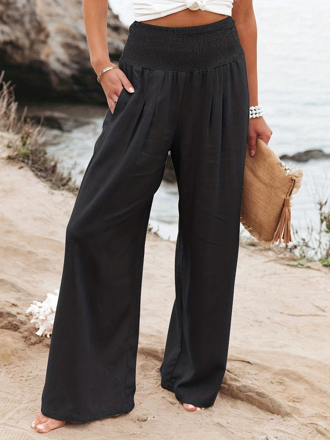Damen weite Sommerhose mit elastischem Bund und elegantem Faltenwurf EB