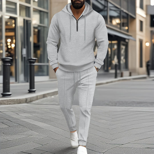 Herren nan strukturiertes Halbzip-Kapuzenloungewear-Set mit tapered Jogpants und Kordelzug EB
