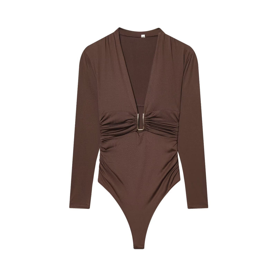 Damen Body mit elegantem V-Ausschnitt und dezenter Raffungsdetail EB