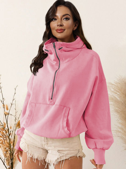 Damen sportlicher Kapuzenpullover mit halbem Reißverschluss und funktionalen Taschen EB