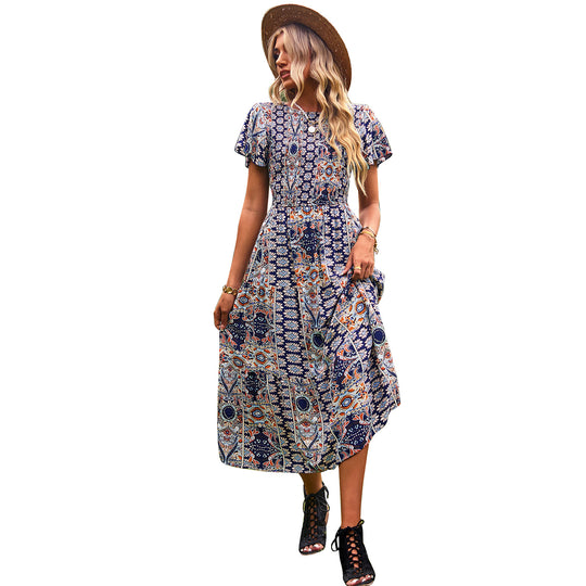 Damen Maxikleid mit floralem Muster und elastischem Tailleneinsatz EB