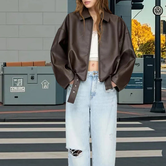 Damen Oversized Kunstlederjacke mit flauen Schultern und praktischen Druckknöpfen EB