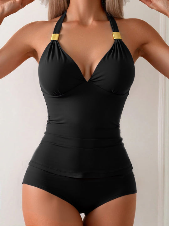 Damen eleganter Badeanzug mit raffiniertem V-Ausschnitt und goldenen Details EB