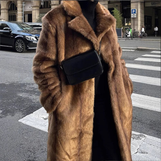 Damen Langer Kunstfellmantel mit breitem Revers und lässigem Schnitt EB