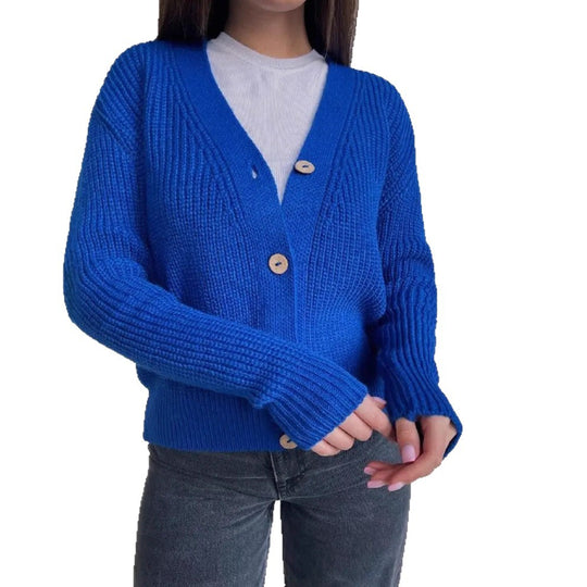 Damen Boxy-Grobstrick-Cardigan mit tiefer V-Leiste, Holzknopfverschluss und geripptem Saum EB
