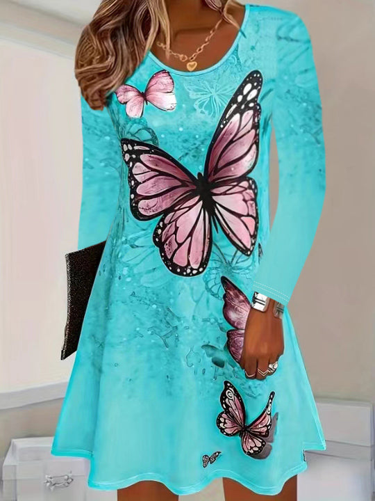 Damen Freizeitkleid mit floralem Schmetterlingsdesign und lockerer Passform EB
