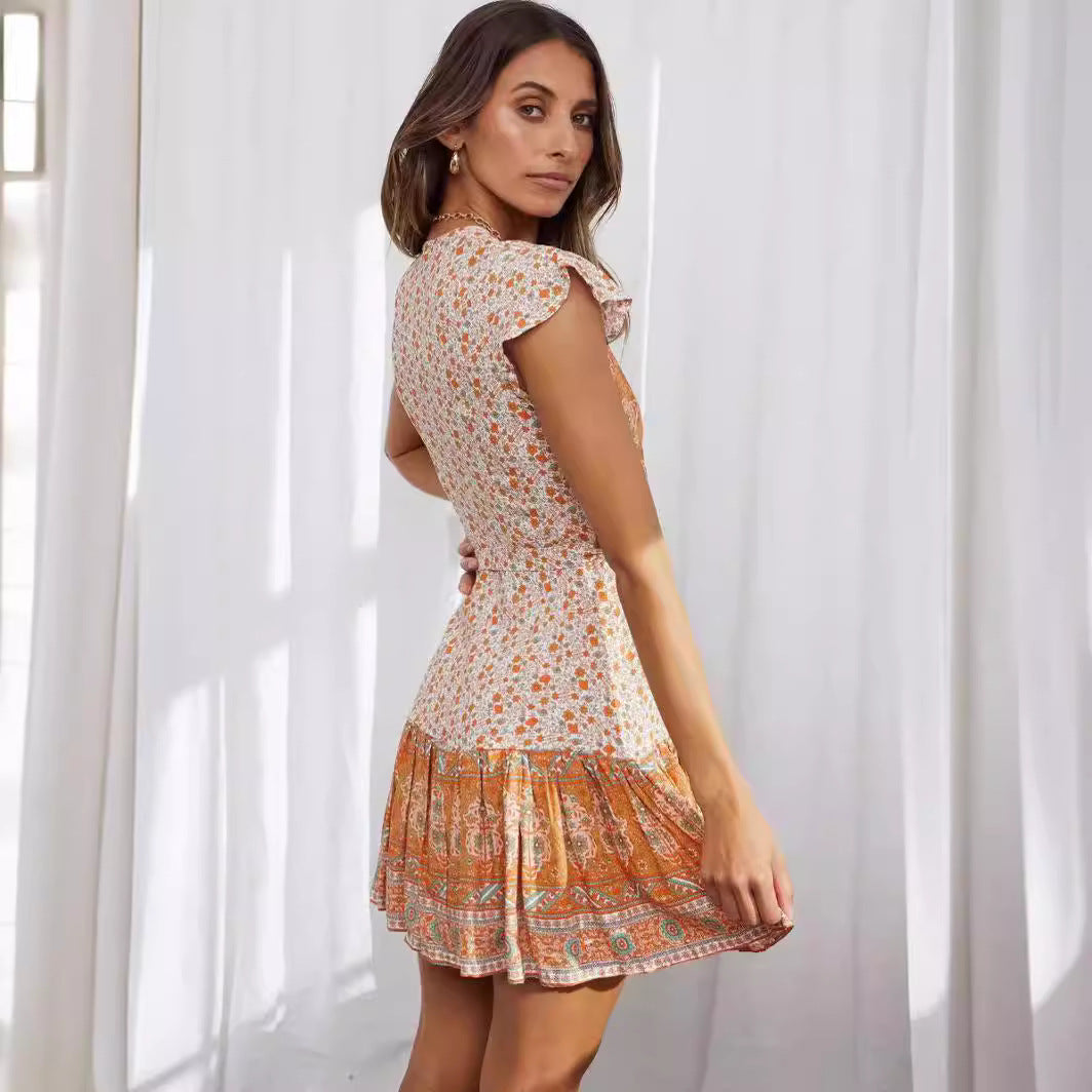 Damen floral gemusterte Sommerkleid mit V-Ausschnitt und Rüschensäumen EB