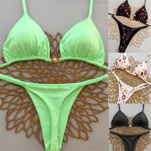 Damen Triangel-Bikini mit floralem Muster und eleganter Goldschließe EB