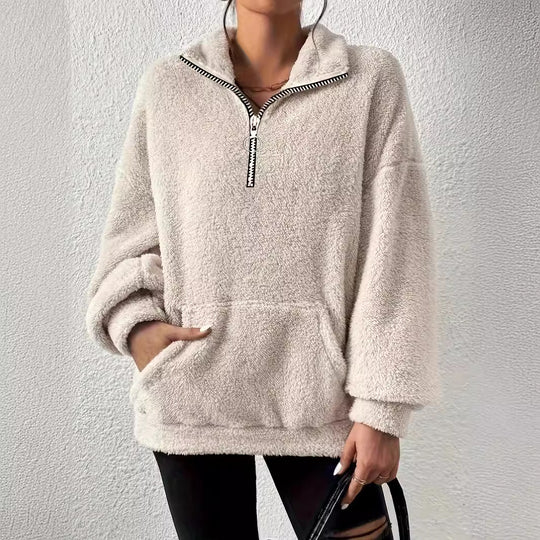Damen kuscheliger Fleece-Pullover mit halbem Reißverschluss und Seitentaschen EB