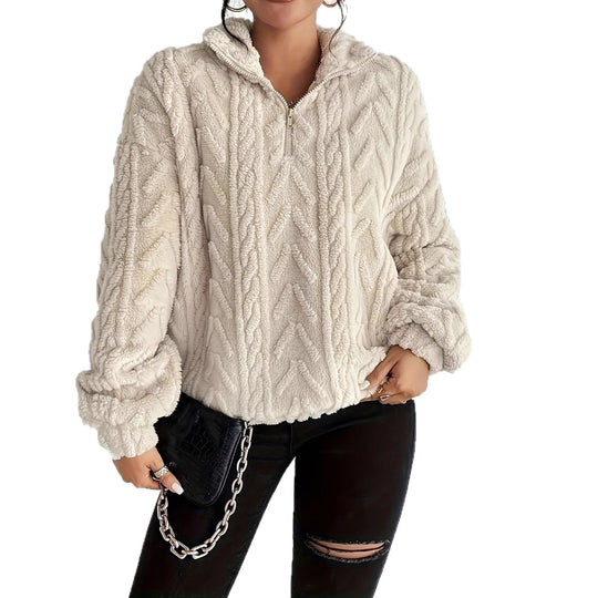 Damen Kuscheliger Fleece-Pullover mit hohem Kragen und Zipper-Detail EB