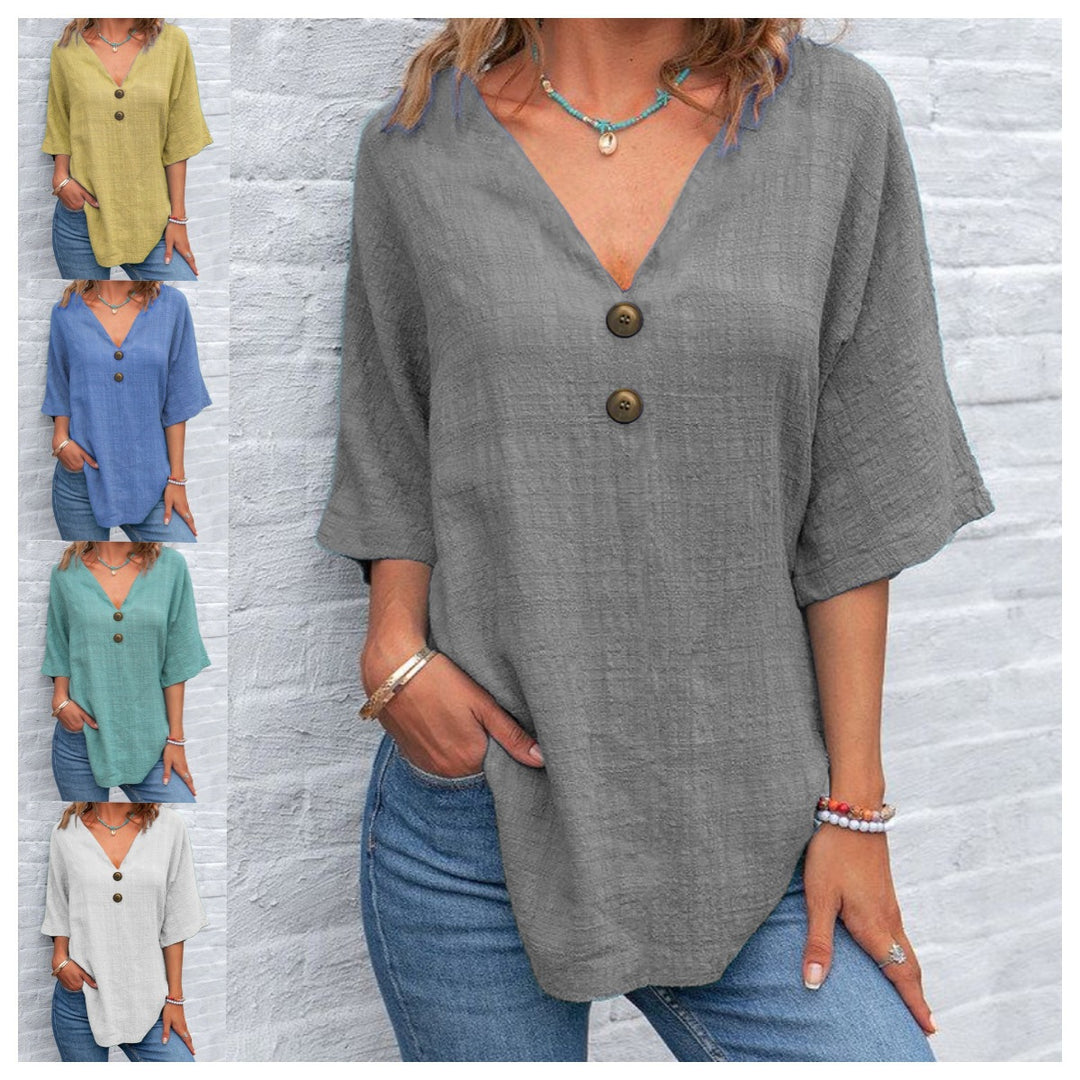 Damen V-Ausschnitt Bluse mit dekorativen Knöpfen und lässigem Schnitt EB