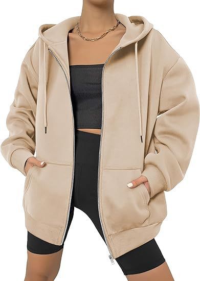 Damen nan oversized Zip-Kapuzenjacke mit kontrastierendem Reißverschluss, doppellagiger Kapuze und Kängurutasche EB