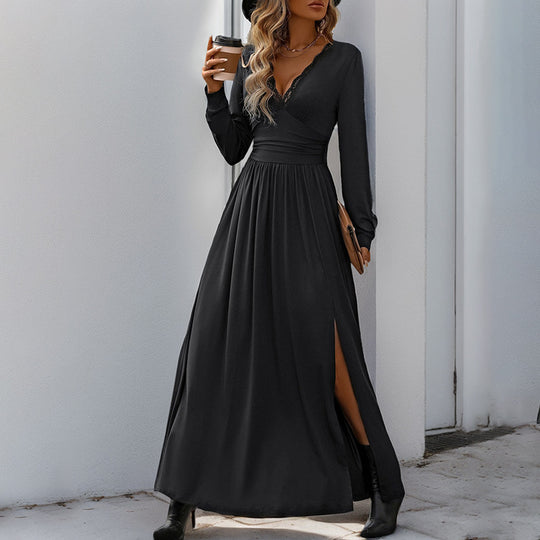 Damen Maxikleid mit tiefem V-Ausschnitt und eleganter Raffung EB