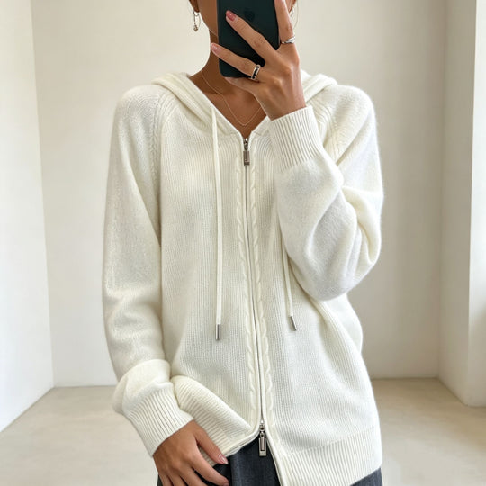 Damen Kapuzen-Cardigan mit Reißverschluss, feinem Feinstrick und gerippten Bündchen EB