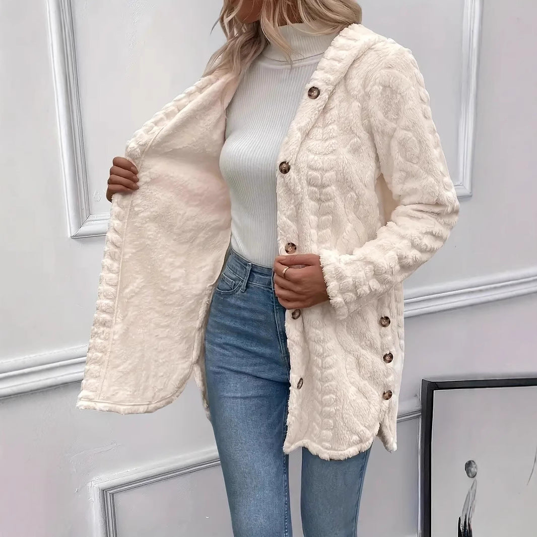 Damen Plüschjacke mit Kapuze und Knopfverschluss EB