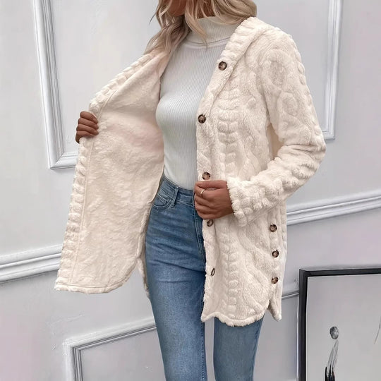 Damen Plüschjacke mit Kapuze und Knopfverschluss EB