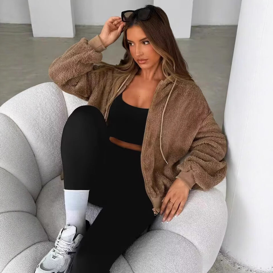 Damen Teddy-Fleecejacke mit Kapuze und elastischen Bündchen EB