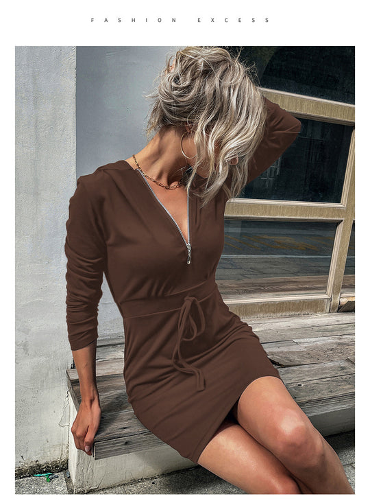 Damen Kapuzenkleid mit Reißverschluss und Taillenzug EB