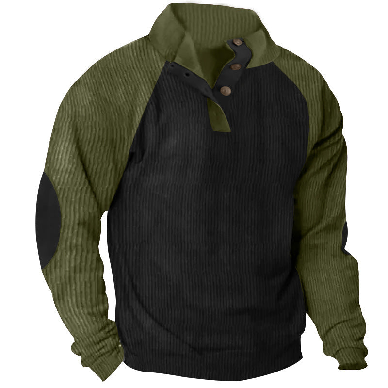 Herren Strukturiertes Raglan-Henley-Pullover mit Stehkragen, Ellenbogenpatches & Knopfleiste EB