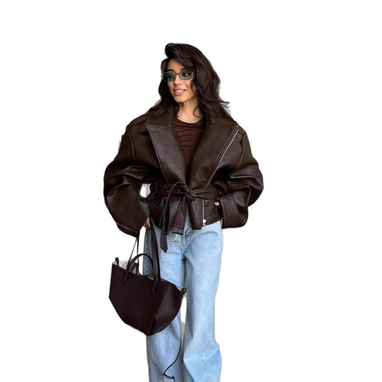Damen elegante Kunstlederjacke mit Gürtel und übergroßen Ärmeln EB
