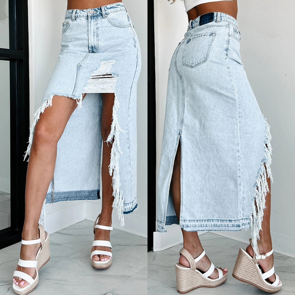 Damen Jeansrock mit asymmetrischem Schnitt und fransigen Details EB