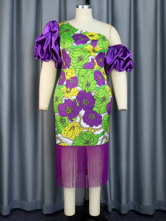 Damen Elegantes Schulterfreies Kleid mit voluminösen Puffärmeln und Fransen EB