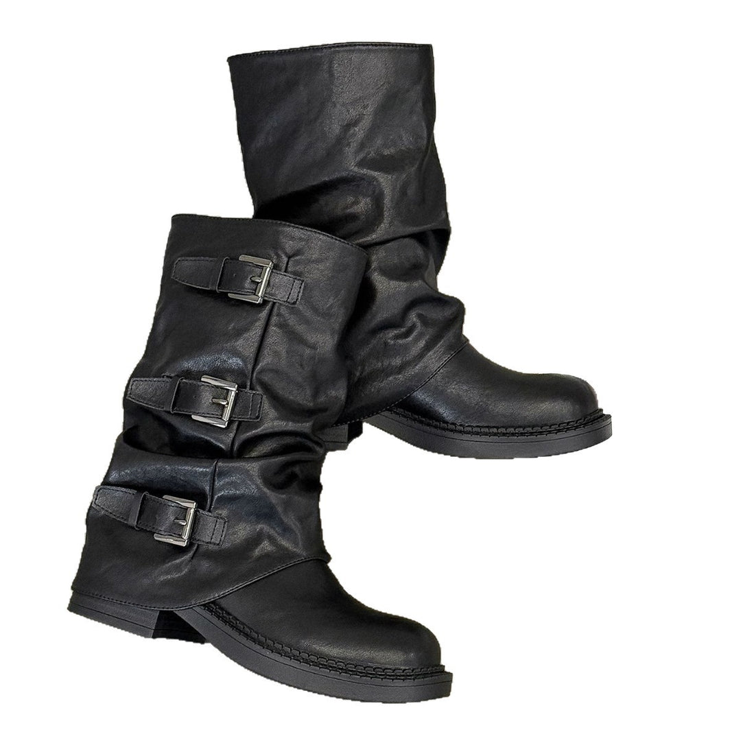 Damen modische Stiefel mit dekorativen Schnallen und robustem Profil EB