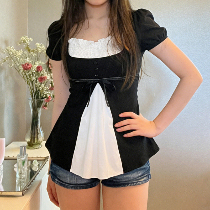 Damen Elegantes Kurzarm-Oberteil mit Plissee und Dekoband EB