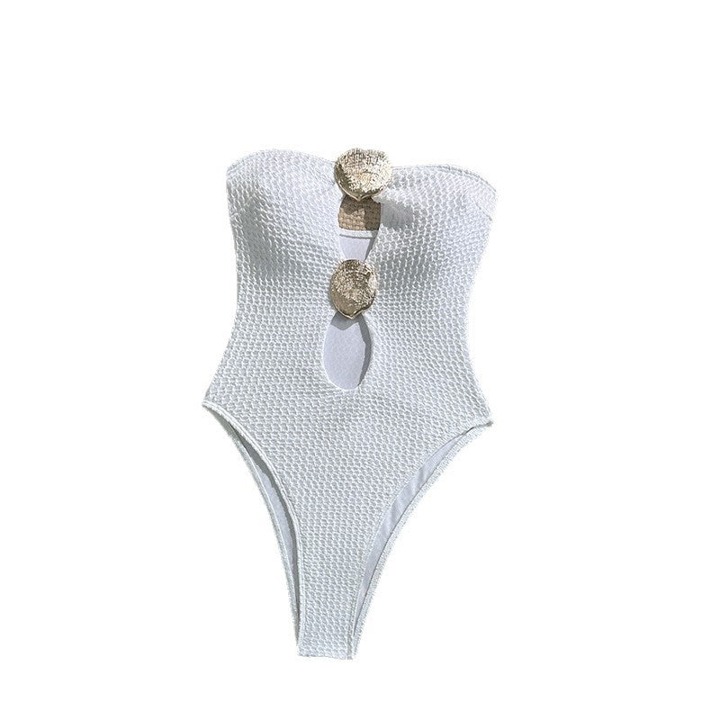 Damen Einteiler Badeanzug mit raffiniertem Cut-Out-Design und goldenen Akzenten EB