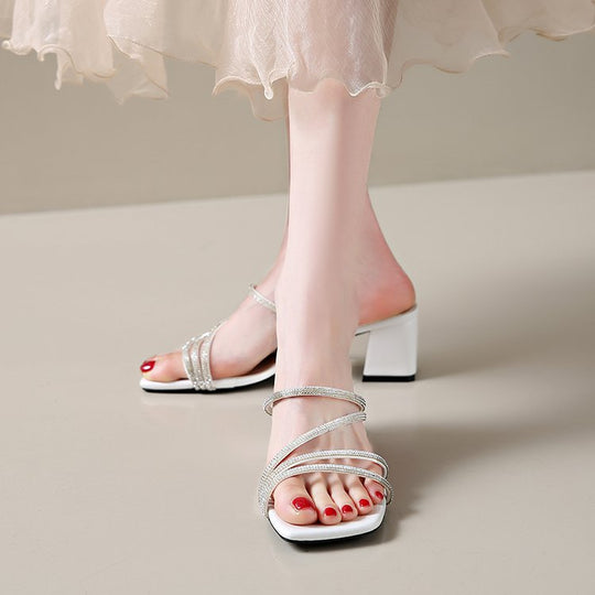Damen elegante Sandalen mit funkelndem Riemen und Blockabsatz EB