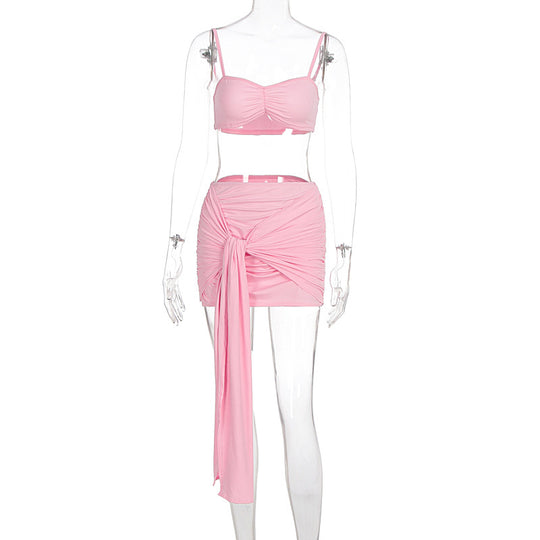 Damen Crop Top und Rock Set mit modischen Raffungselementen EB