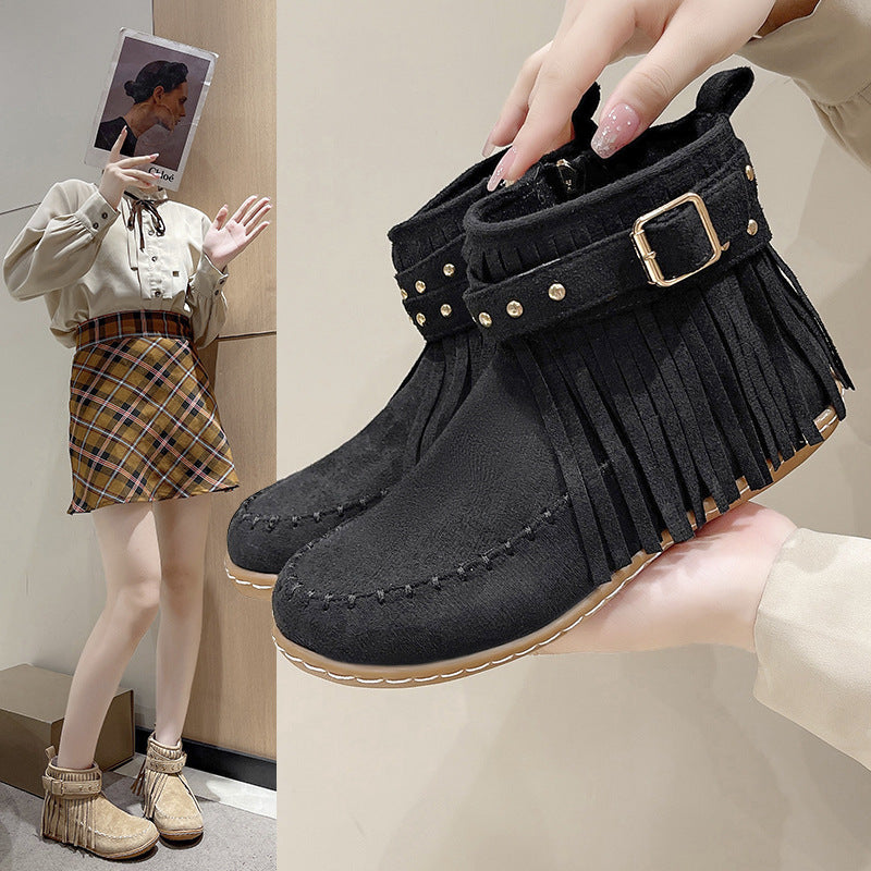 Damen modische Stiefeletten mit Fransen und Nieten EB