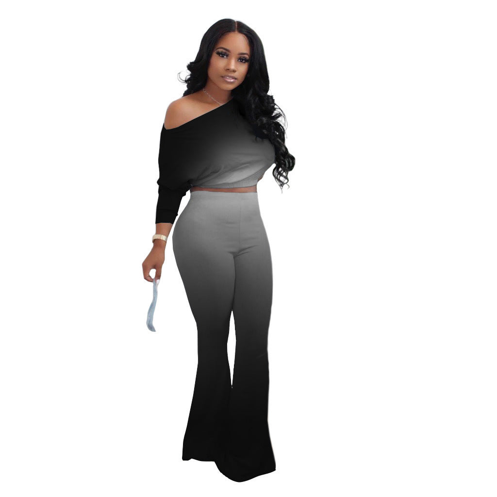 Damen Lässiges Ombre Set mit stilvollem Off-Shoulder Oberteil und figurbetonten Hosen EB