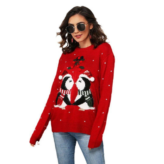 Damen Weihnachtspullover mit süßem Pinguin-Motiv und festlichem Design EB