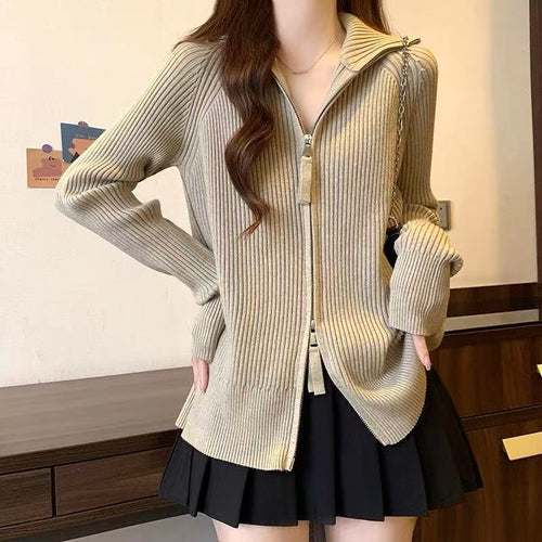 Damen Modische Strickjacke mit hohem Kragen und Reißverschluss EB