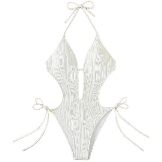 Damen Einteiler Badeanzug mit tiefem Ausschnitt und Rippendesign EB