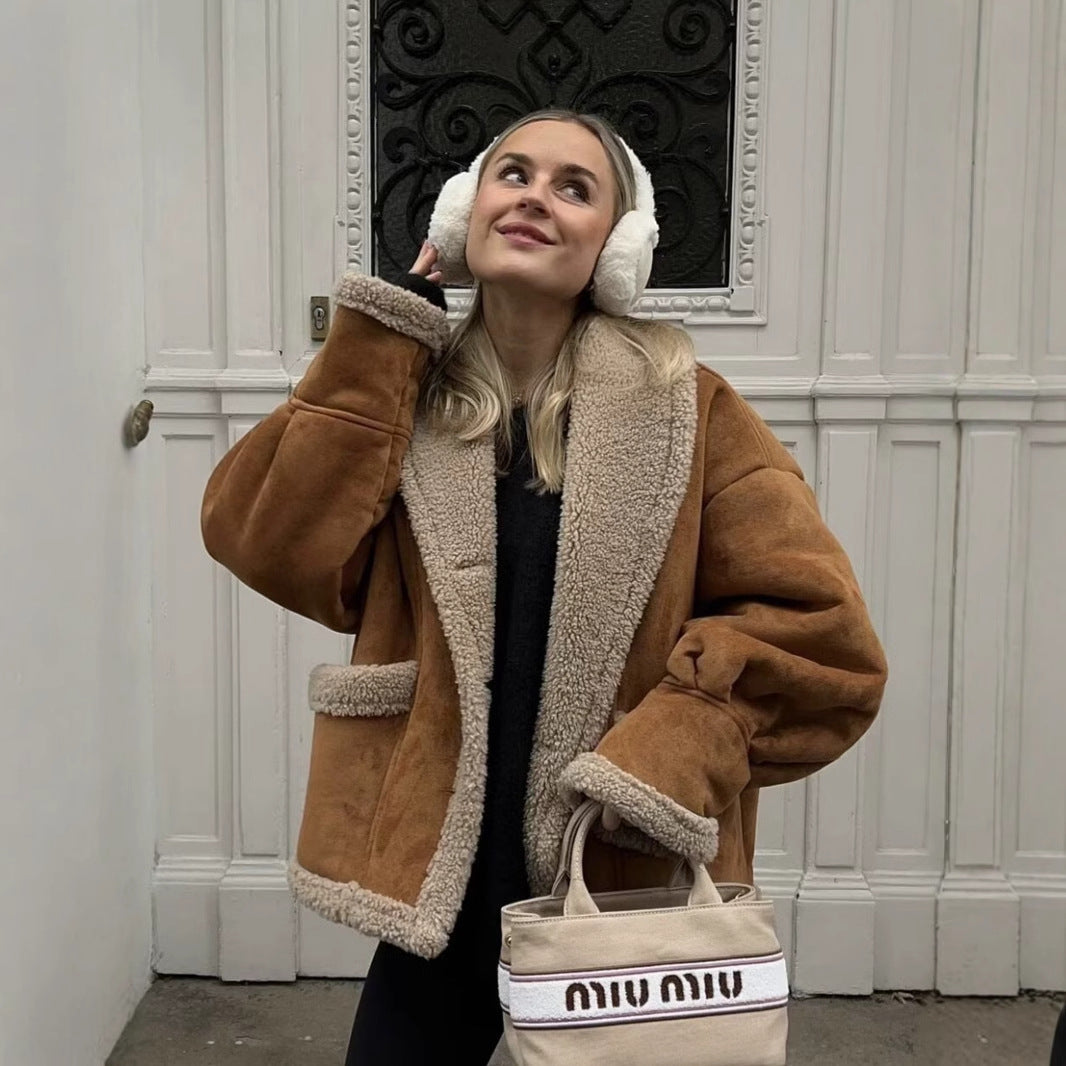 Damen kuschelige Blazerjacke im Teddy-Look mit praktischem Taschen EB