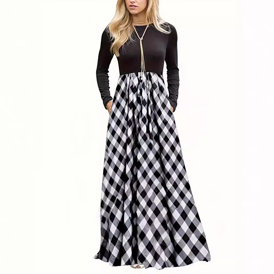 Damen Maxikleid mit modernem Karomuster und langen Ärmeln EB