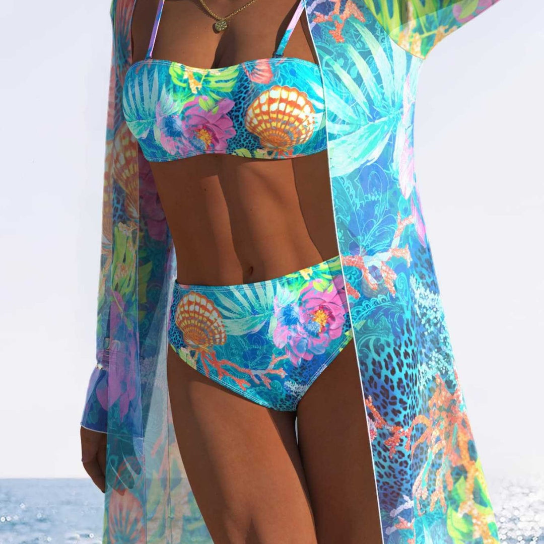 Damen Bikini-Set mit floralem Druck und transparenter Cover-Up Jacke EB