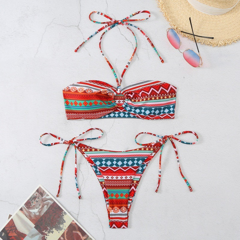 Damen Bandeau-Bikini mit verstellbaren Bindebändern und farbenfrohem Muster EB