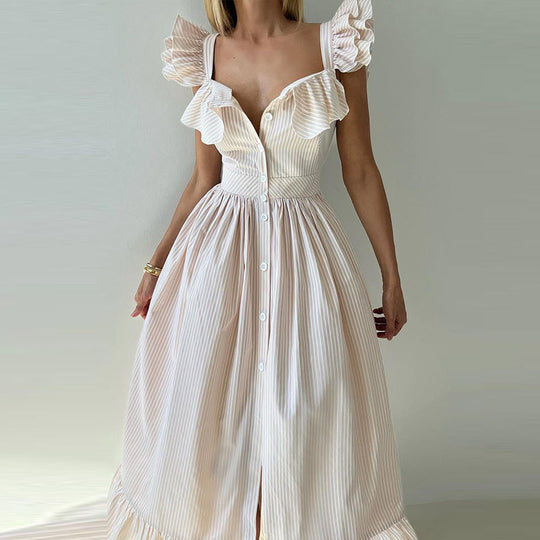 Damen Maxikleid mit Rüschendetails und Knopfleiste EB