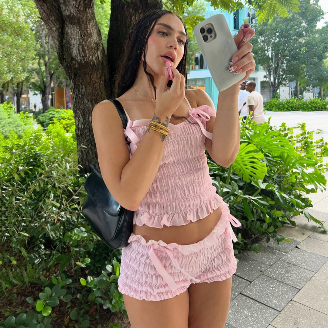 Damen Set aus gerafftem Top und Shorts mit Schleifen EB