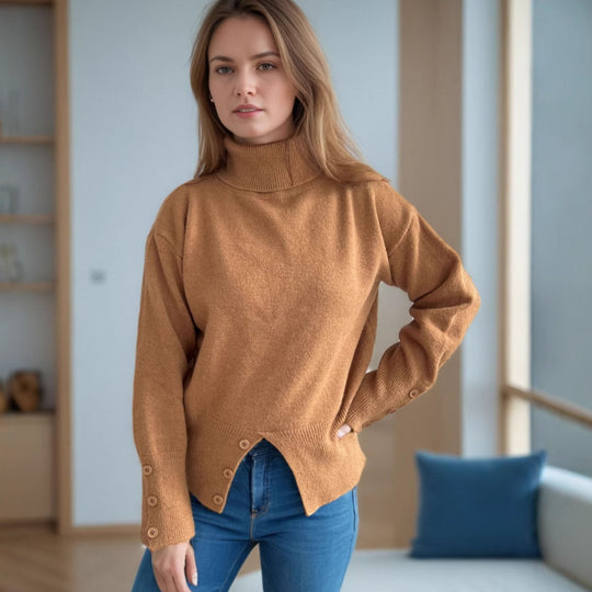Damen modischer Rollkragenpullover mit Knopfdetails und asymmetrischem Saum EB