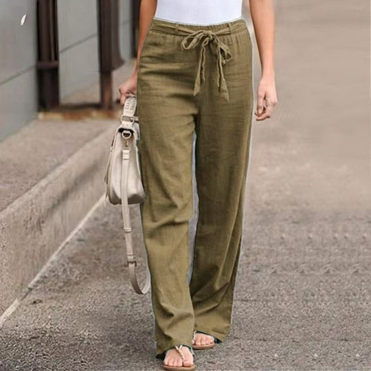 Damen Weite Lounge-Hose mit hohem Gummibund und dekorativem Bindeband EB