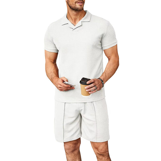 Herren nan zweiteiliges Freizeitset aus strukturierter Baumwollmischung mit Reverspolo und geraden Komfortshorts EB
