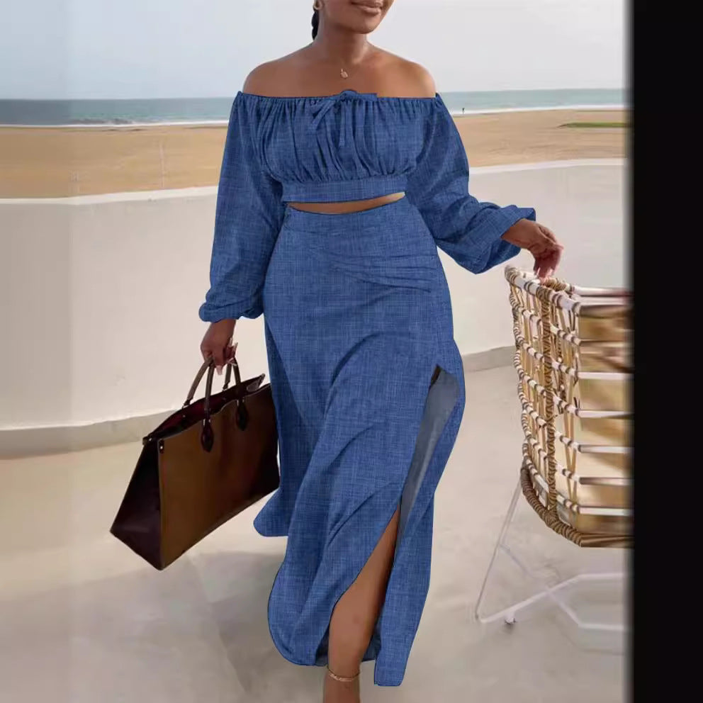 Damen Off-Shoulder Maxikleid mit eleganten Raffungseffekten und Seitenschlitz EB