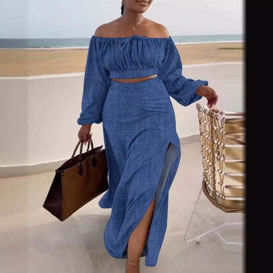 Damen Off-Shoulder Maxikleid mit eleganten Raffungseffekten und Seitenschlitz EB