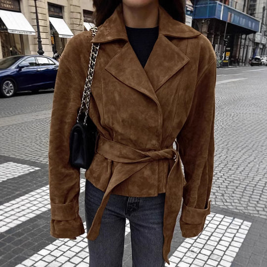 Damen Modische Suede-Blazerjacke mit tailliertem Design und Raffungen EB